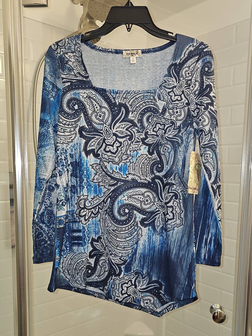 Blue Paisley Long-Sleeve Scoop Neck Top